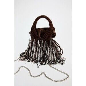 Zara Women Mini Beaded Fringe Bucket Bag Brown 6619/310 New
